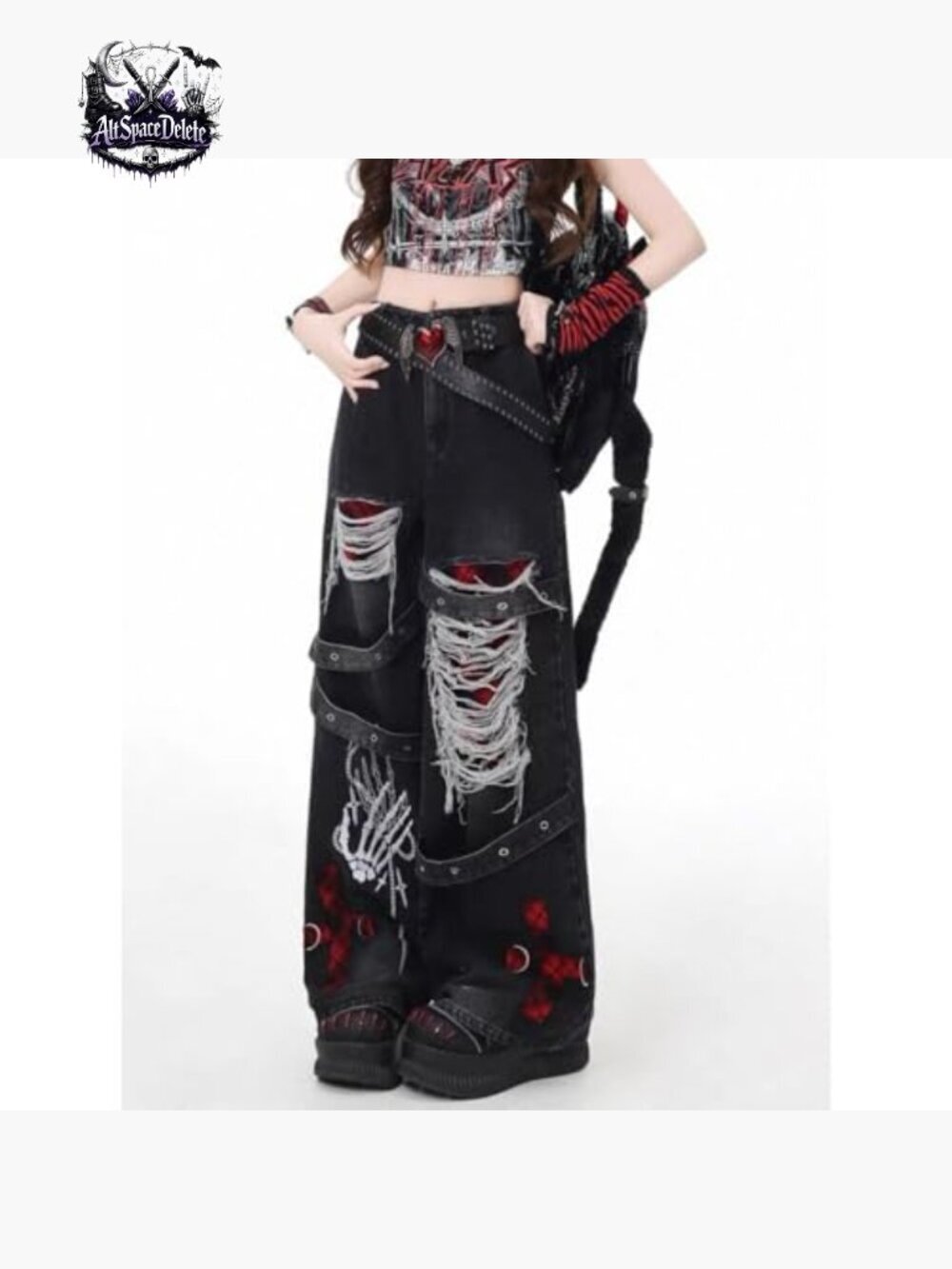 High Waist Ripped Baggy Jeans Straight Leg Goth Grunge Pants - Picture 2 of 7